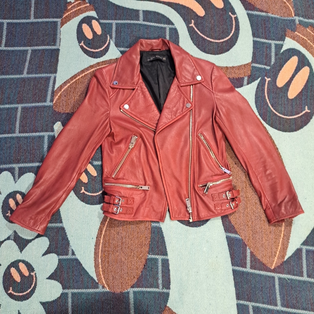 🌈ZARA RED LEATHER MOTO JACKET-S